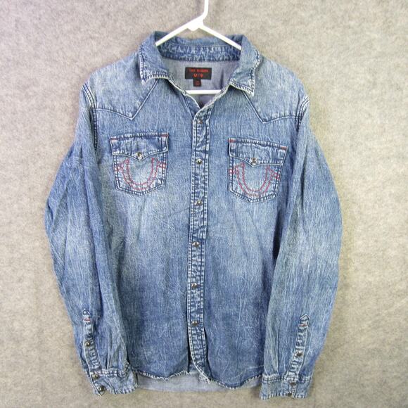 True Religion Shirt Mens Large Blue Denim Western Pearl Snap Long Sleeve Jeans - Picture 1 of 9
